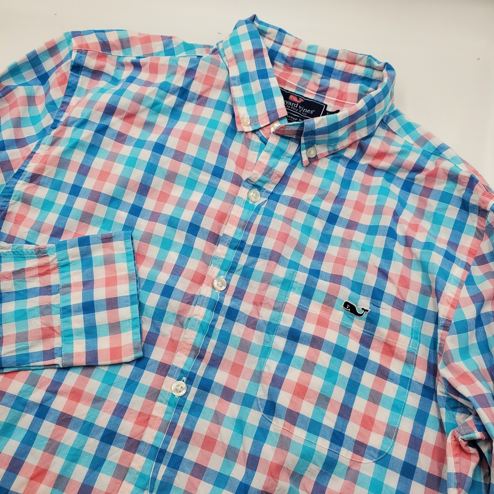 Vineyard Vines Mens Slim Fit Tucker Shirt Pink Blue Gingham Check Cotton Size M